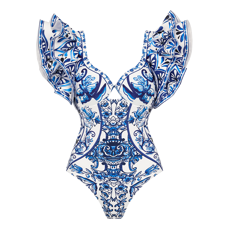 Ruffle Blue and White Porcelain Pattern Majolica Print One Piece Swimsuit and Skirt or Sarong	