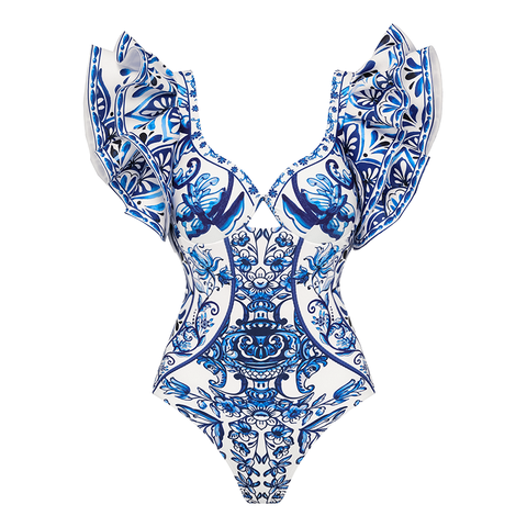 Ruffle Blue and White Porcelain Pattern Majolica Print One Piece Swimsuit and Skirt or Sarong	
