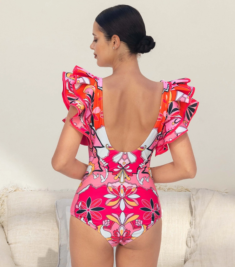 Ruffle Sleeves Red and Pink Pattern One Piece Swimsuit and Skirt	