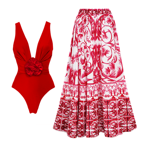 Halter 3D Flower One Piece Swimsuit and Skirt