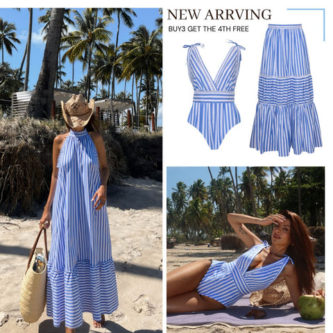 Bowknot Striped Print One Piece Swimsuit and Skirt