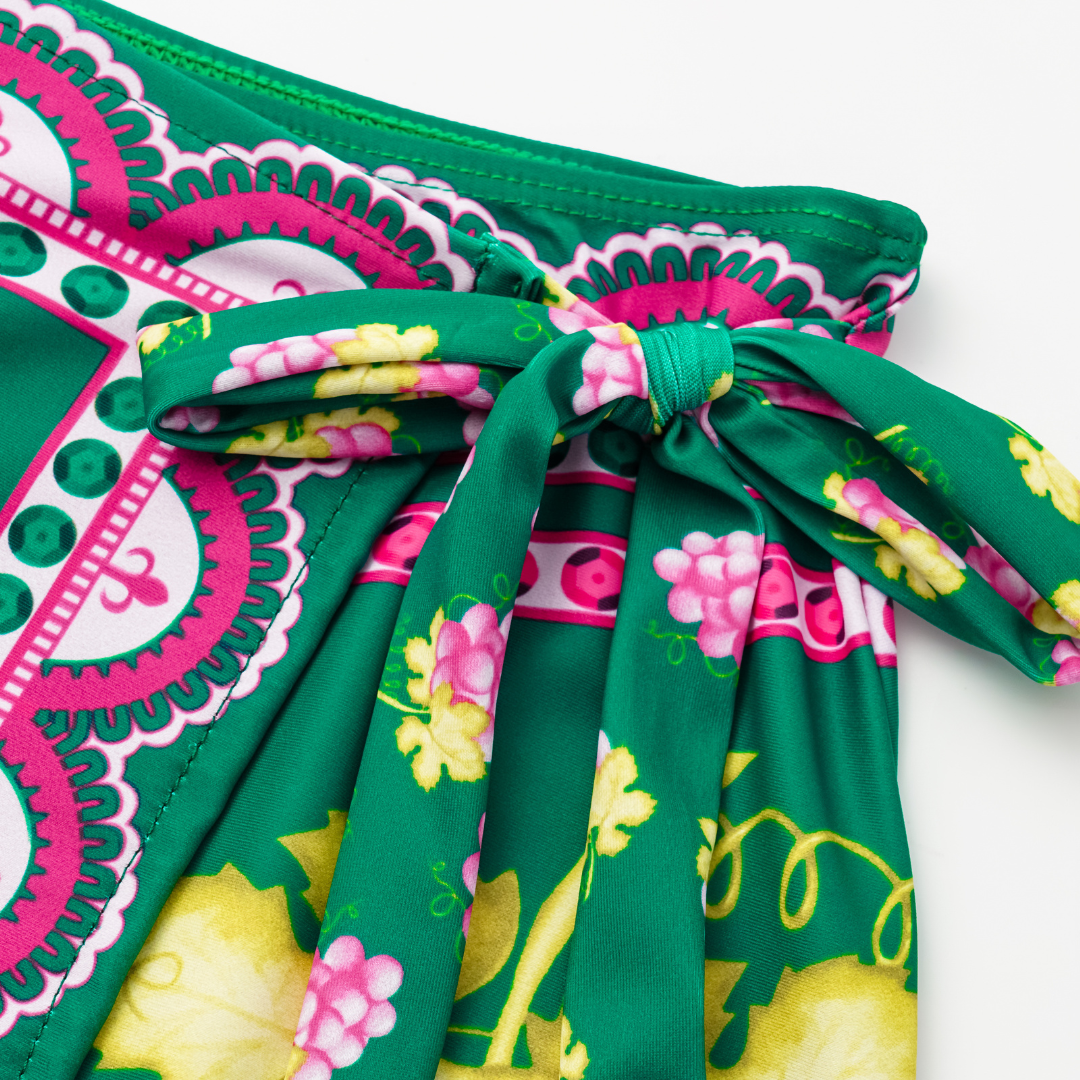 Deep V Retro Green Grapes Print One Piece Swimsuit and Skirt	