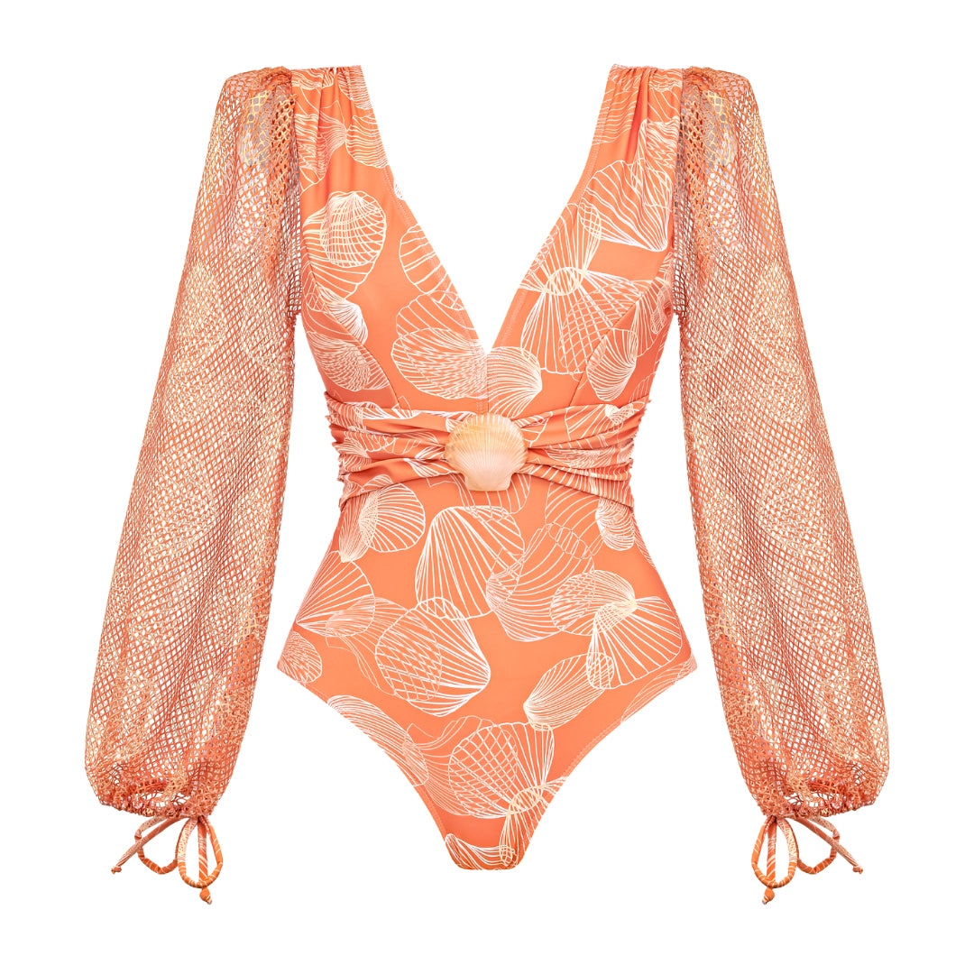Shell Print Long Sleeve One Piece Swimsuit