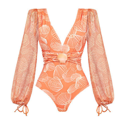 Shell Print Long Sleeve One Piece Swimsuit