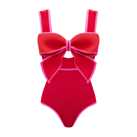 Bow Front Cut Out Color Block One Piece Swimsuit and Skirt
