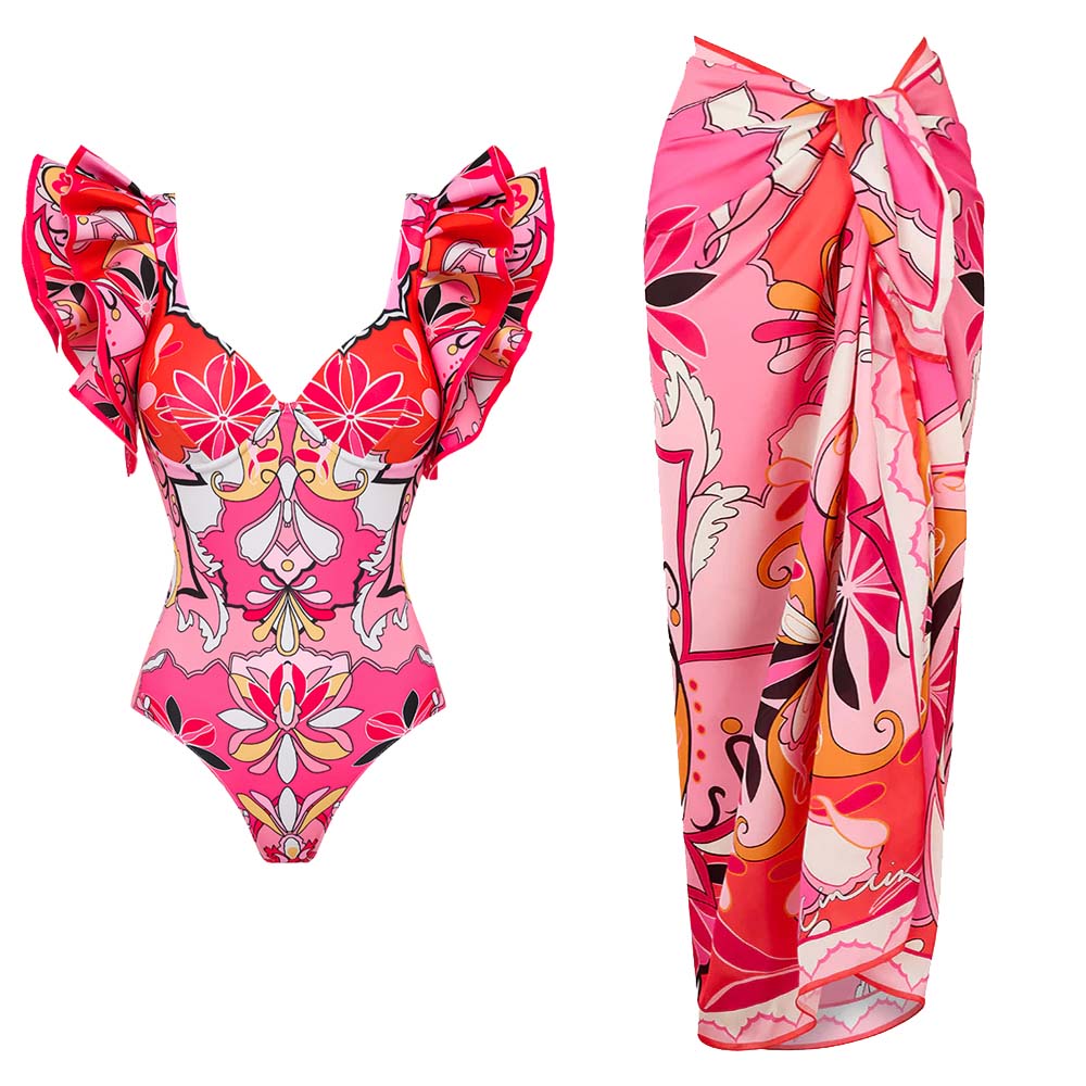 Ruffle Sleeves Red and Pink Pattern One Piece Swimsuit and Skirt	