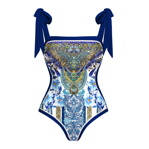 Reversible Tie-shoulder One Piece Swimsuit and Sarong
