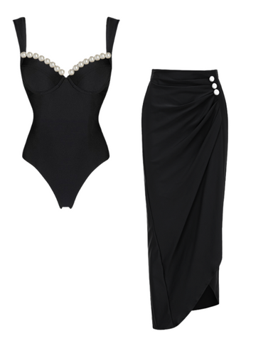 Artificial Pearl One Piece Swimsuit and Skirt