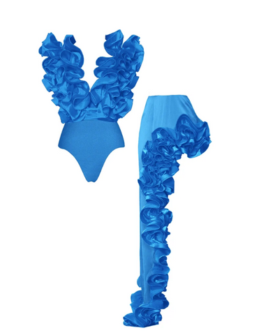 Frilled V Neck Blue One Piece Swimsuit and Skirt