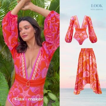 Long-sleeved V Neck Marine Plant Pattern Print One Piece Swimsuit and Skirt	