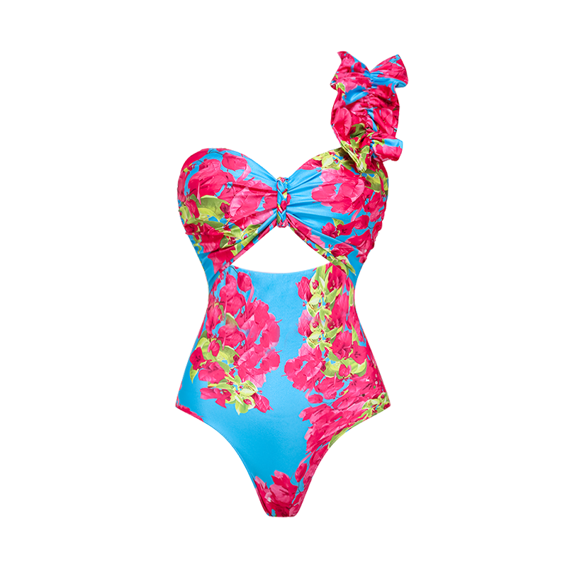 Ruffle Removable Shoulder Strap Pink Bougainvillea Flower Printed One Piece Swimsuit and Skirt Flaxmaker	