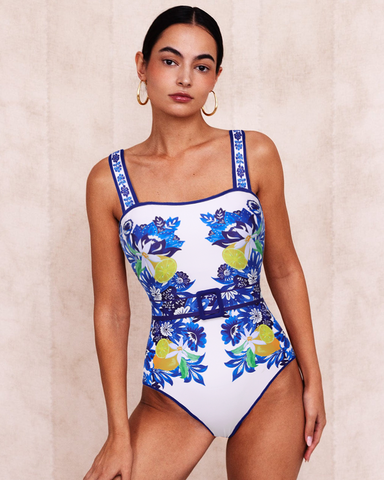 Sling Lemon and Creative Pattern Print One Piece Swimsuit and Skirt	