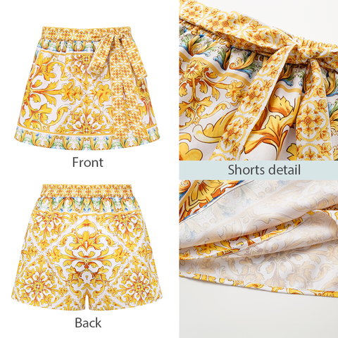 Ruffle V Neck  Golden Majolica Print One Piece Swimsuit and Scooter skirt
