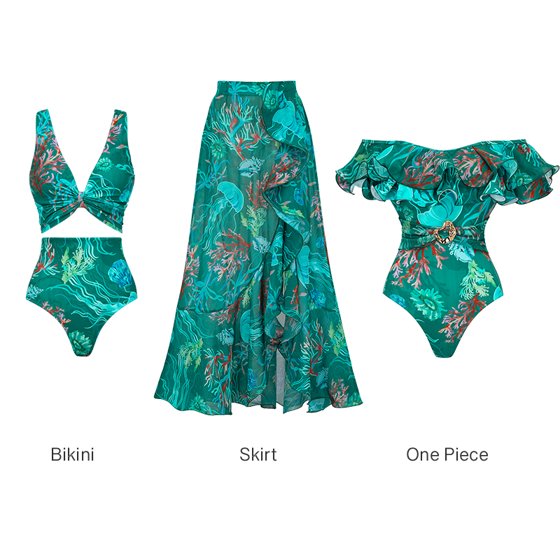 Reversible Mix and Match Marine Organism  Bikini Swimsuit and Skirt	