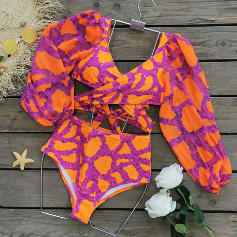 Long Sleeve V Neck Printed Bikini Swimsuit and Skirt Flaxmaker	