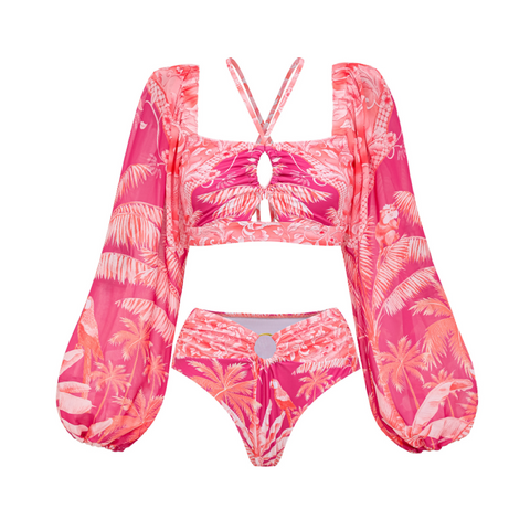 Long-sleeved Tropical Jungle Print Bikini Swimsuit and Sarong