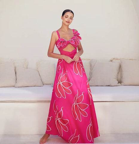 3D Flower Hot Pink Cutout One Piece Swimsuit and Skirt