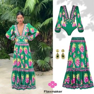Deep V Retro Green Grapes Print One Piece Swimsuit and Skirt	