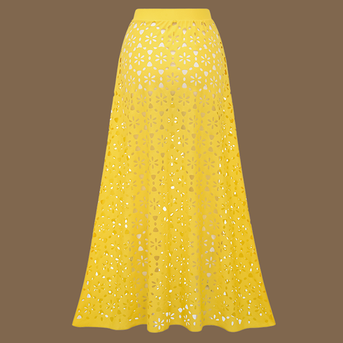 Yellow Color Laser Cutting Flower Hollow One Piece Swimsuit and Skirt	