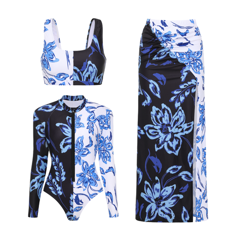 Color Block Printed Long Sleeve One Piece Surf Swimsuit and Skirt	