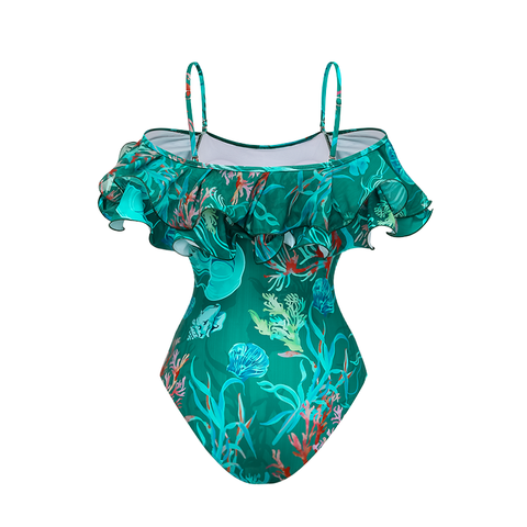 Removable Shoulder Strap Off Shoulder Marine Organism One Piece Swimsuit and Skirt