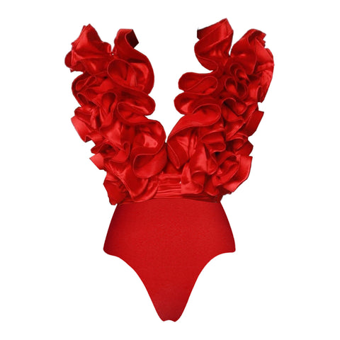 Frilled V Neck Red One Piece Swimsuit and Skirt