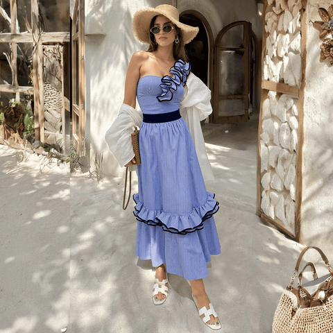 One Shoulder Ruffle Stripe Print One Piece Swimsuit and Skirt
