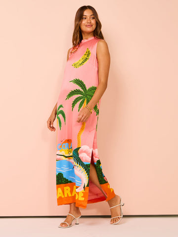 Vacation Sleveeless Jungle Printed Dress