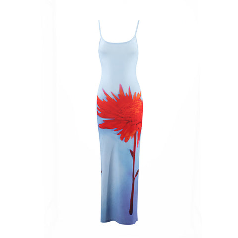 Sling Backless Blossom Print Slit  Dress