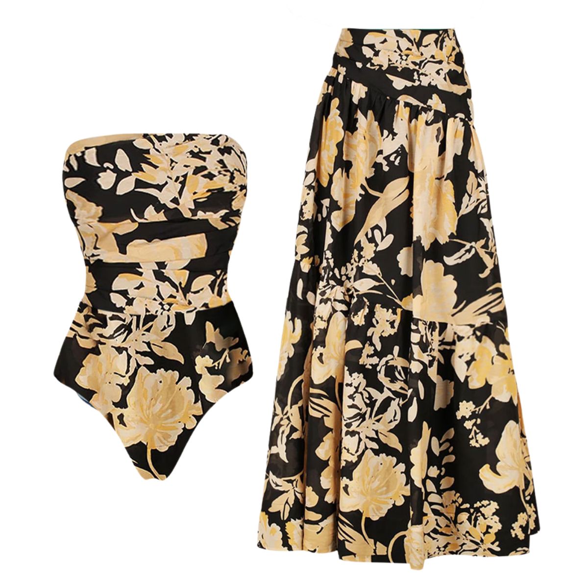 Off Shoulder Flower Printed One Piece Swimsuit and Skirt