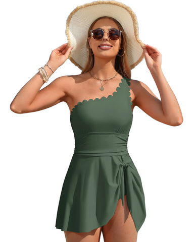 One Shoulder Tummy Control One Piece Swimdress