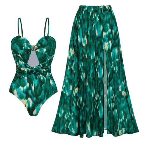 Ruched Cutout Green One Piece Swimsuit and Skirt