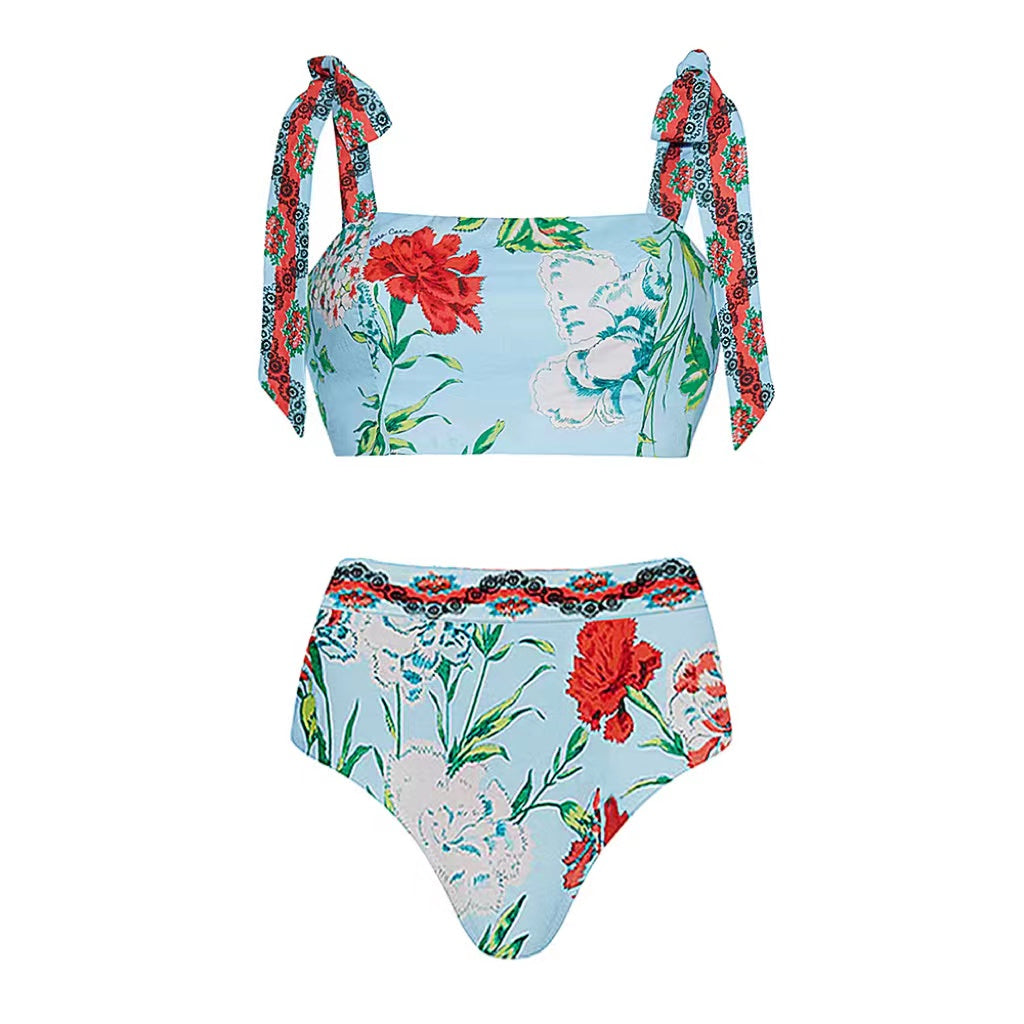 Tie-shoulder Blossom Printed Bikini Swimsuit and Skirt Flaxmaker	
