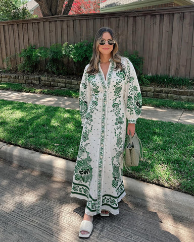 V Neck Retro Printed In Green Dress