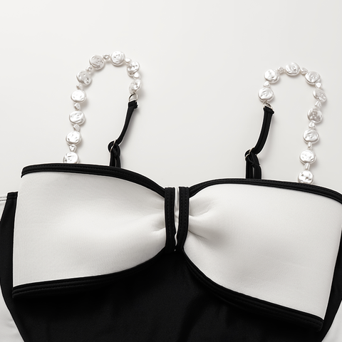 Black and White Bow Decor One Piece Swimsuit and Skirt