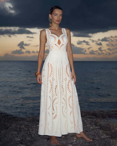 Laser White Hollow Out One Piece Swimsuit and Skirt