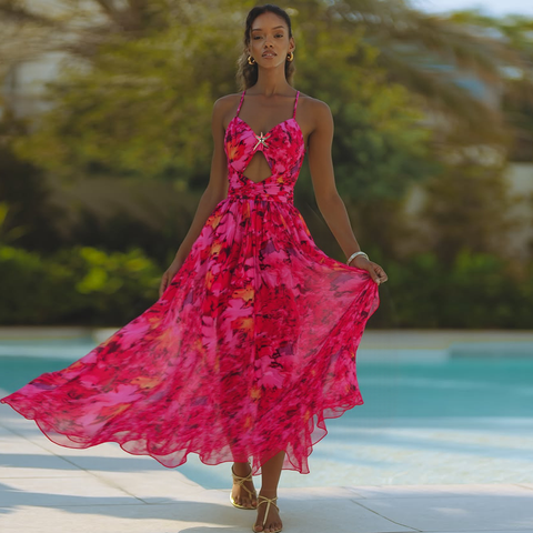 Red Flowers Printed Hollow One Piece Swimsuit and Skirt	