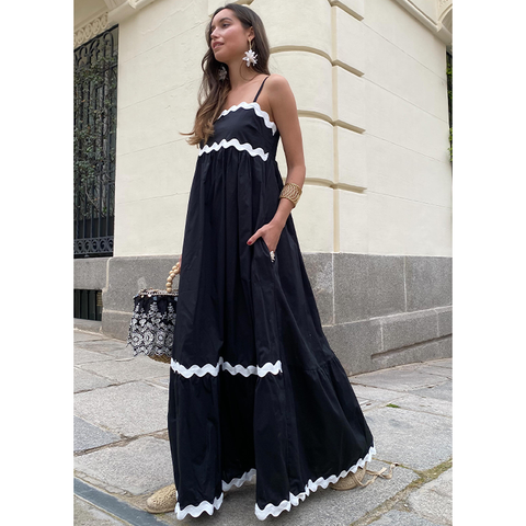 Sling Solid Color Wave Midi Dress