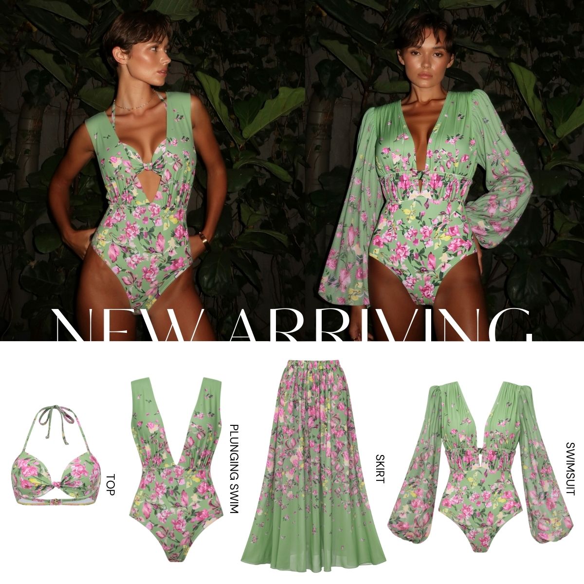 Floral Top & Plunging Ruched Swim Set and Skirt	