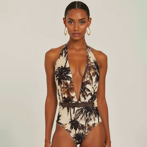 V Neck Coconut Palm Print One Piece Swimsuit and Skirt	