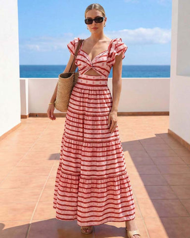 Ruffle Red Striped Printed Cut Out One Piece Swimsuit and Skirt