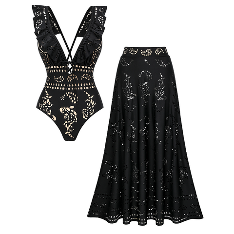 Black Ruffle Laser Cut Swimsuit Set(s)	