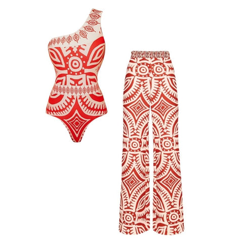 One Shoulder One Piece Swimsuit and Pants