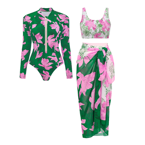 Zipper Printed Long Sleeve Rashguard Swimsuit Set(s)