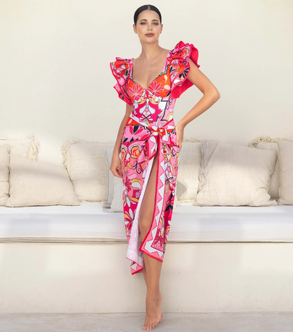 Ruffle Sleeves Red and Pink Pattern One Piece Swimsuit and Skirt	
