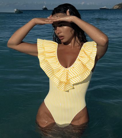 V Neck Ruffle Striped Print One Piece Swimsuit and Skirt