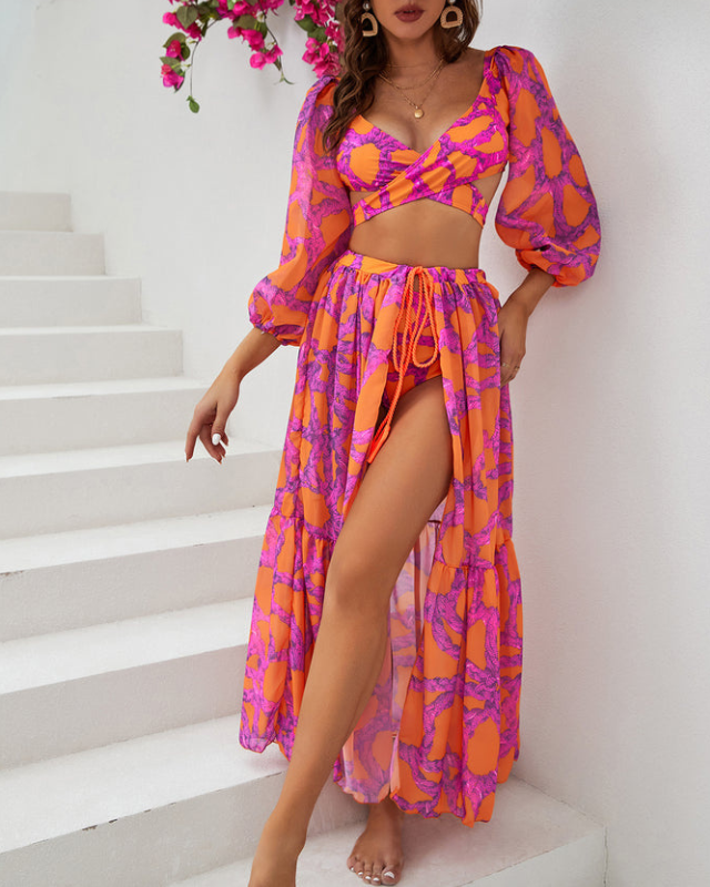 Long Sleeve V Neck Printed Bikini Swimsuit and Skirt Flaxmaker	