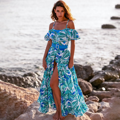 Off Shoulder Ruffled Tropical Print One Piece Swimsuit and Skirt