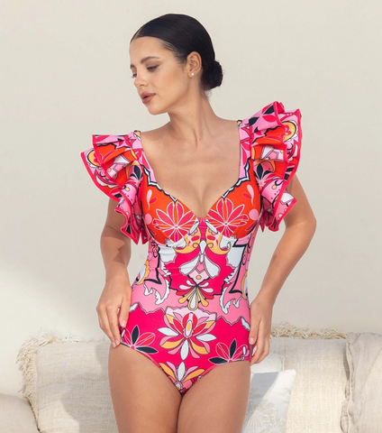 Ruffle Sleeves Red and Pink Pattern One Piece Swimsuit and Skirt	