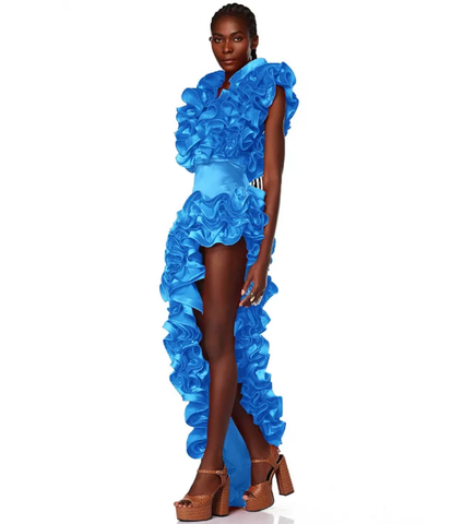 Frilled V Neck Blue One Piece Swimsuit and Skirt